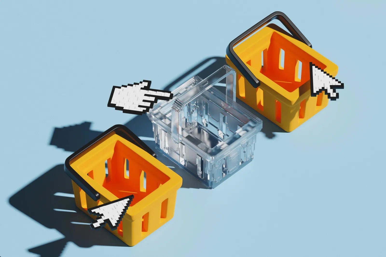 A 3D illustration of shopping baskets with pixel cursors