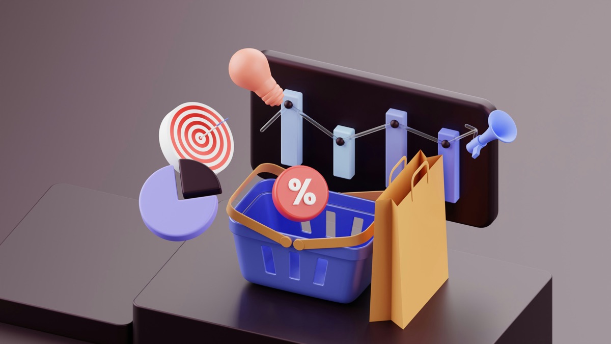 A 3D illustration of a shopping basket beside rising charts and a percent badge